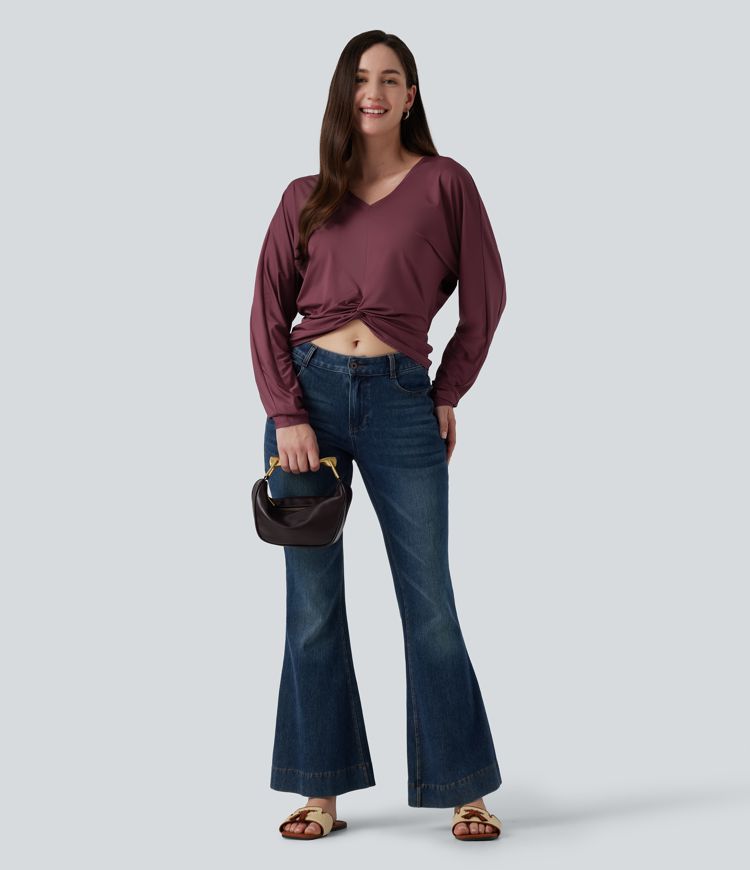 V Neck Batwing Long Sleeve Twisted Casual Top
