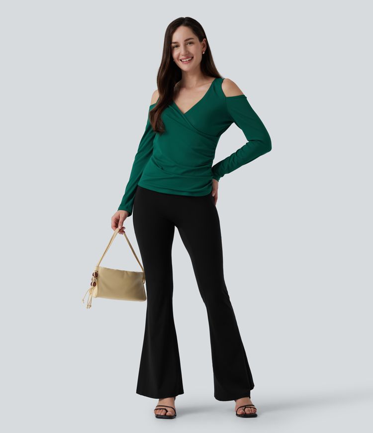 V Neck Long Sleeve Crossover Ruched Casual Top