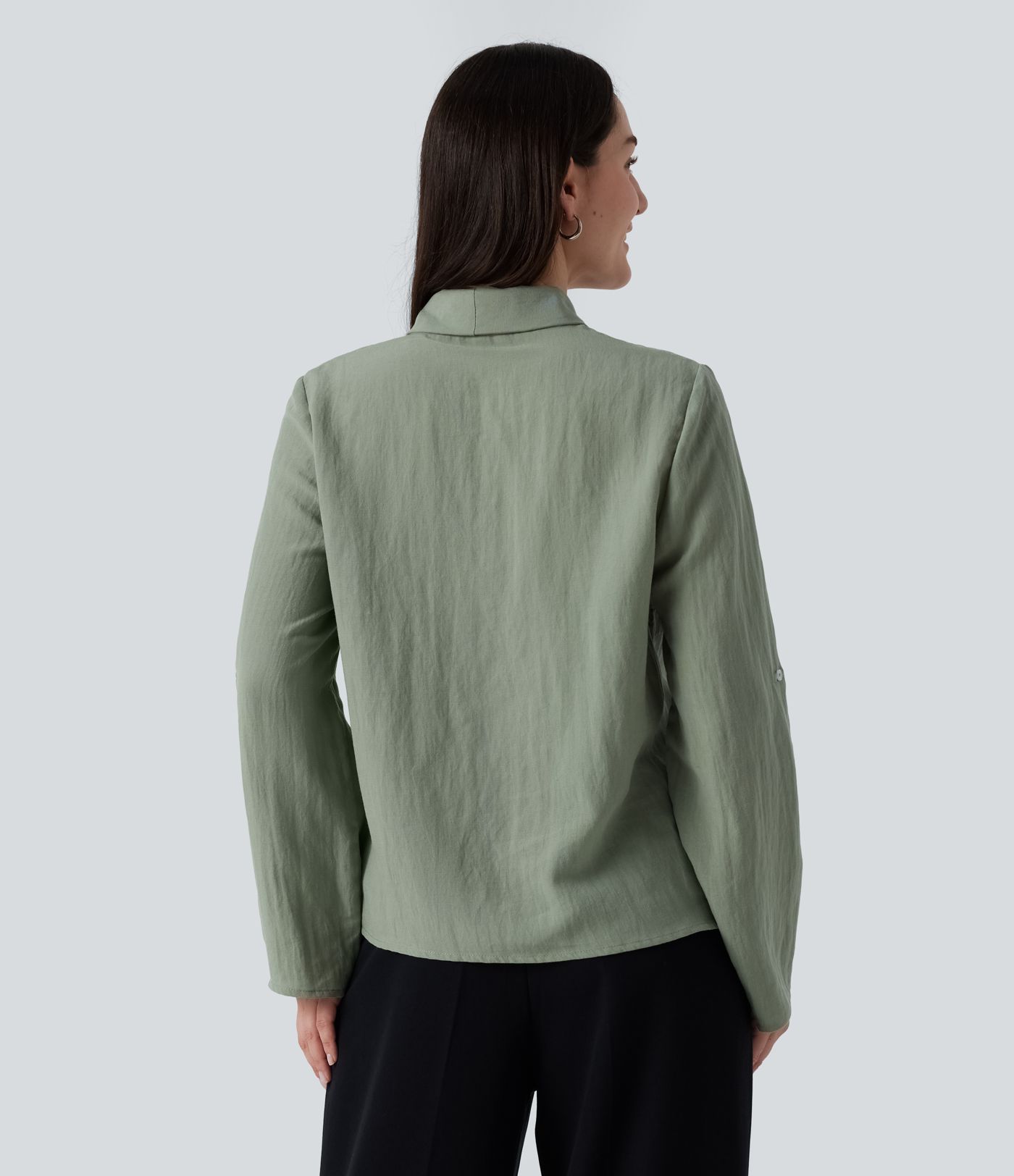 V Neck Long Sleeve Linen-Feel Work Tie Blouse