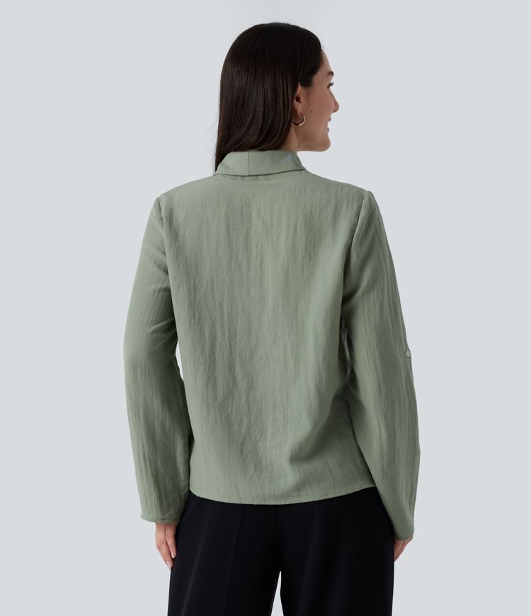 V Neck Long Sleeve Linen-Feel Work Tie Blouse