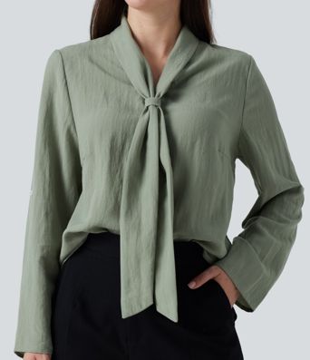 V Neck Long Sleeve Linen-Feel Work Tie Blouse