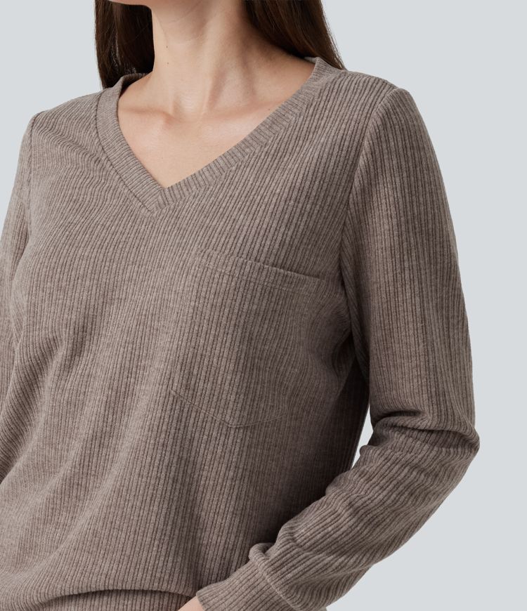 V Neck Long Sleeve Casual Top with Chest Pocket V Neck Long Sleeve Casual Top with Chest Pocket