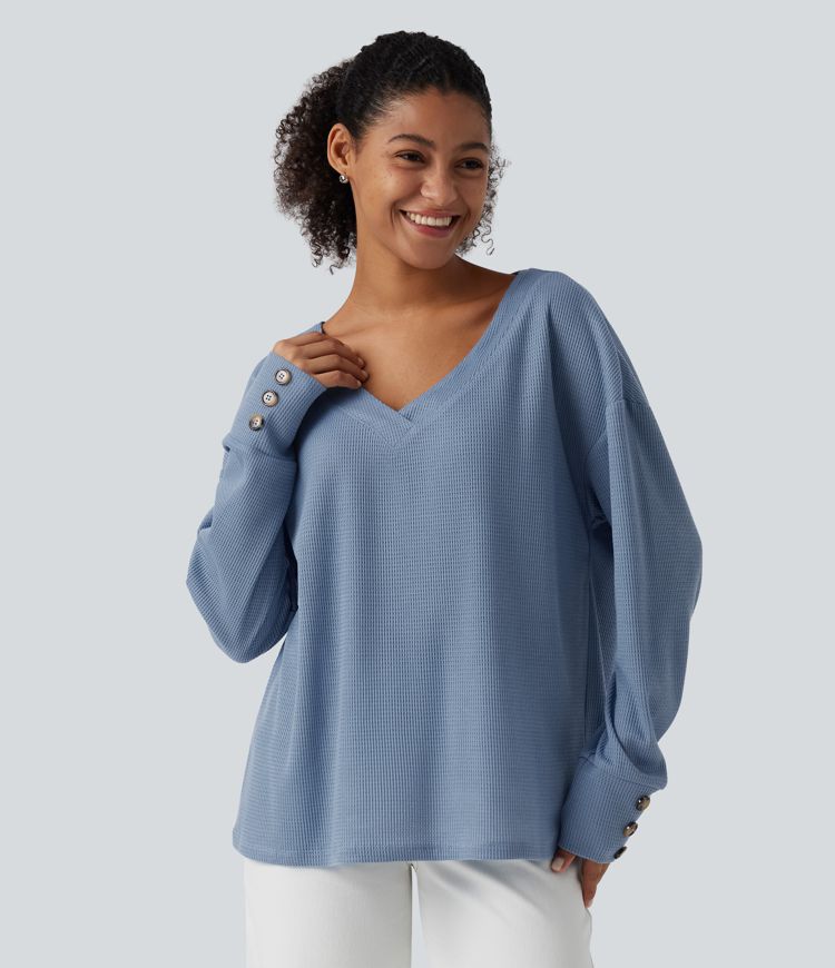 V Neck Long Sleeve Waffle Casual Top