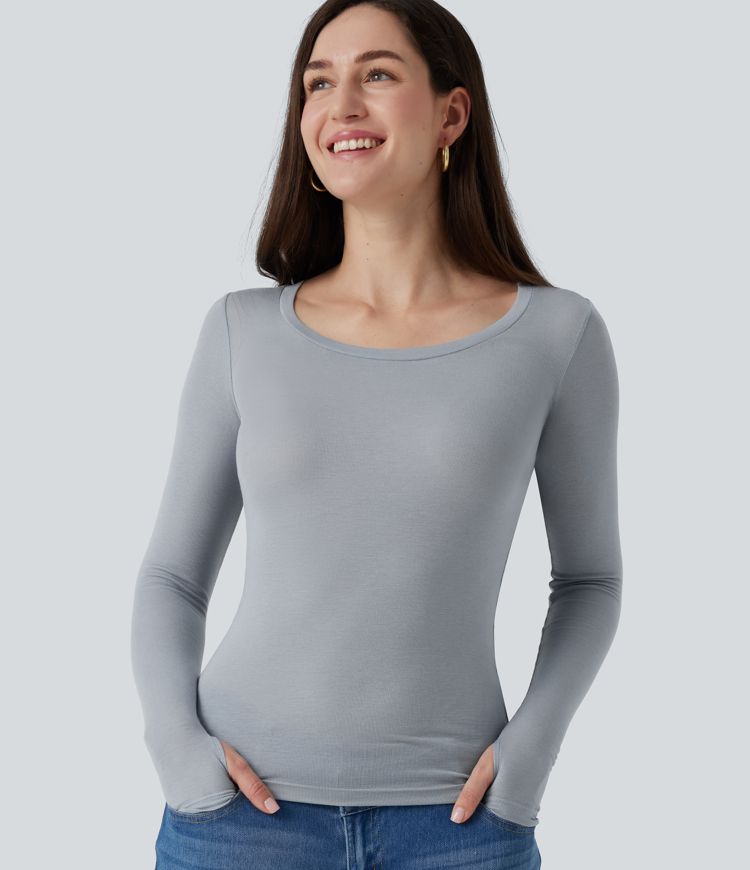 Round Neck Long Sleeve Wool Work T-Shirt with Thumbholes