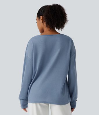 V Neck Long Sleeve Waffle Casual Top