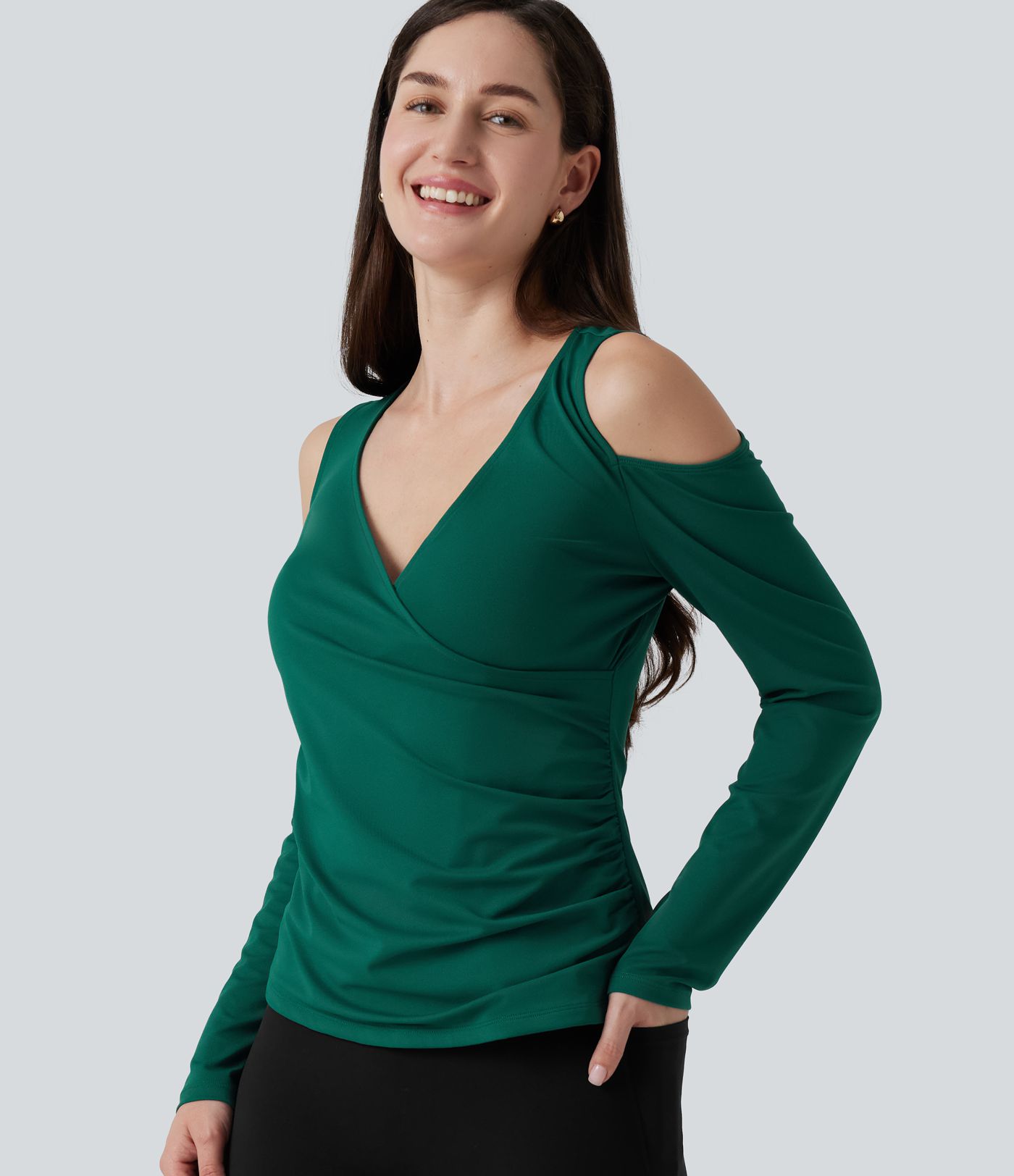 V Neck Long Sleeve Crossover Ruched Casual Top V Neck Long Sleeve Crossover Ruched Casual Top