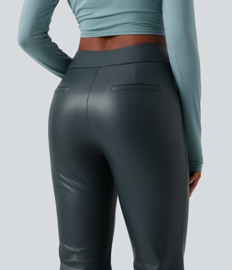 Pantalon bootcut en simili stretch doublé polaire taille mi-haute avec poches
