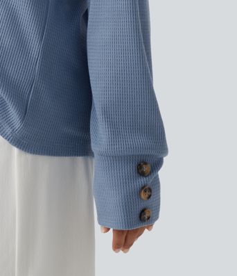 V Neck Long Sleeve Waffle Casual Top
