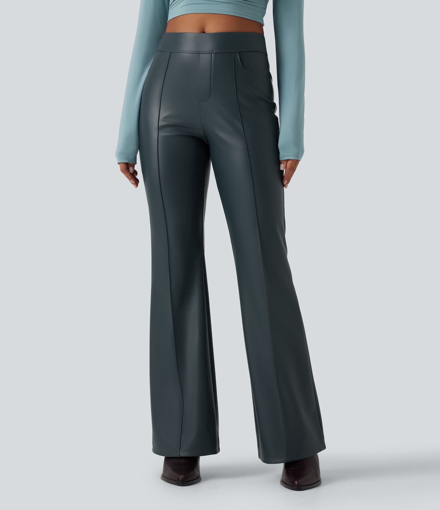 Pantalon bootcut en simili stretch doublé polaire taille mi-haute avec poches