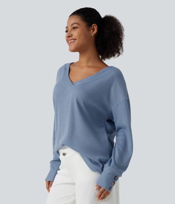V Neck Long Sleeve Waffle Casual Top
