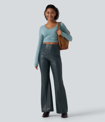 Pantalon bootcut en simili stretch doublé polaire taille mi-haute avec poches