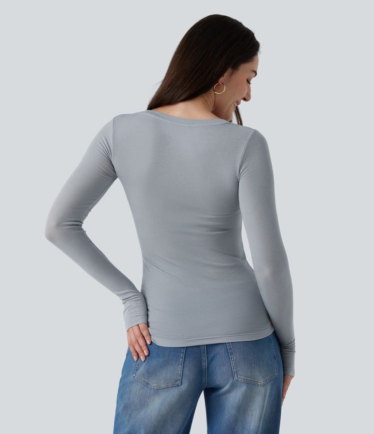 Grey Round Neck Long Sleeve Wool Work T-Shirt with Thumbholes / 2