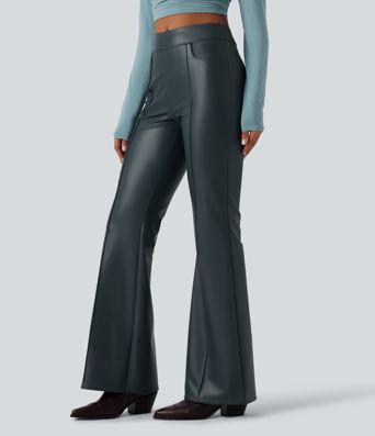 Pantalon bootcut en simili stretch doublé polaire taille mi-haute avec poches