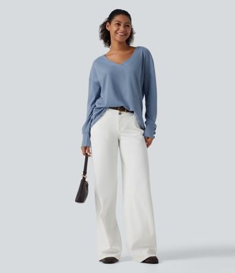 V Neck Long Sleeve Waffle Casual Top