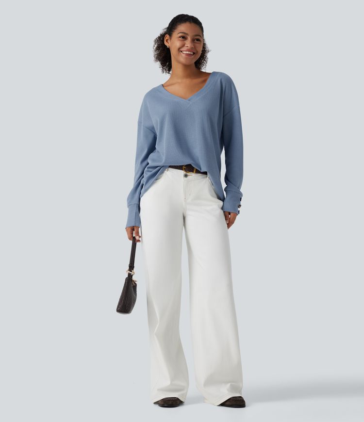 V Neck Long Sleeve Waffle Casual Top