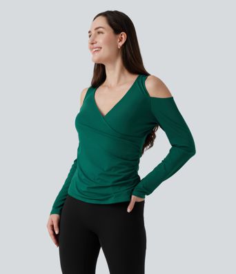 V Neck Long Sleeve Crossover Ruched Casual Top V Neck Long Sleeve Crossover Ruched Casual Top