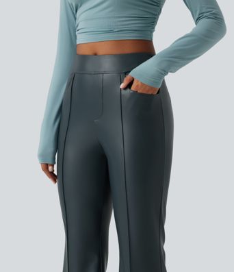 Pantalon bootcut en simili stretch doublé polaire taille mi-haute avec poches