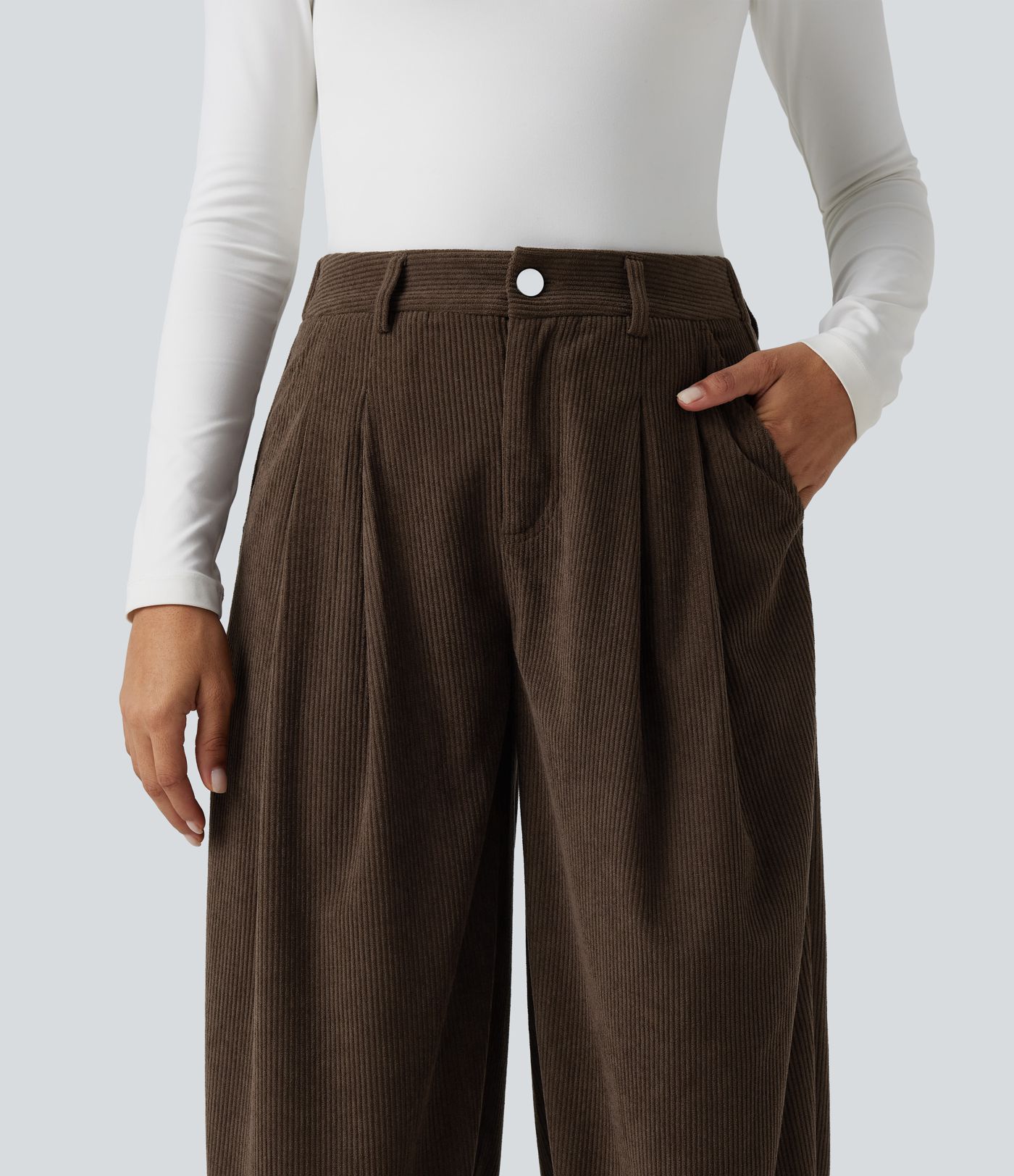 Pantalones jogger casual tipo balloon de pana de talle medio con bolsillos