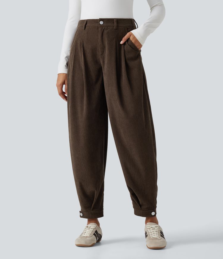 Pantalones jogger casual tipo balloon de pana de talle medio con bolsillos
