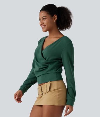 V Neck Long Sleeve Crossover Ruched Yoga Sweatshirt