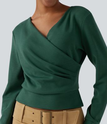 V Neck Long Sleeve Crossover Ruched Yoga Sweatshirt