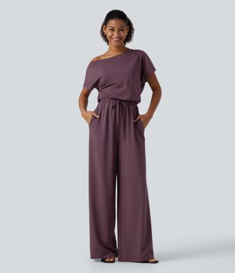 One Shoulder Drawstring Built-in Bra Casual Jumpsuit with Pockets-Easy Peezy Edition