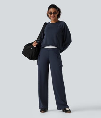High Waisted Tummy Control Straight Leg Casual Cargo Pants with Pockets