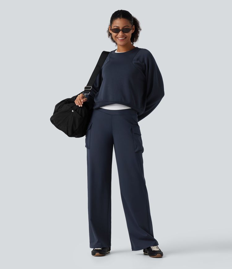 High Waisted Tummy Control Straight Leg Casual Cargo Pants with Pockets