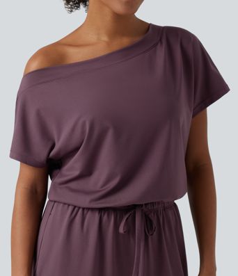 One Shoulder Drawstring Built-in Bra Casual Jumpsuit with Pockets-Easy Peezy Edition