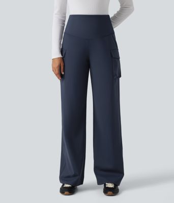 High Waisted Tummy Control Straight Leg Casual Cargo Pants with Pockets