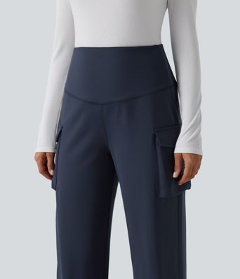 High Waisted Tummy Control Straight Leg Casual Cargo Pants with Pockets