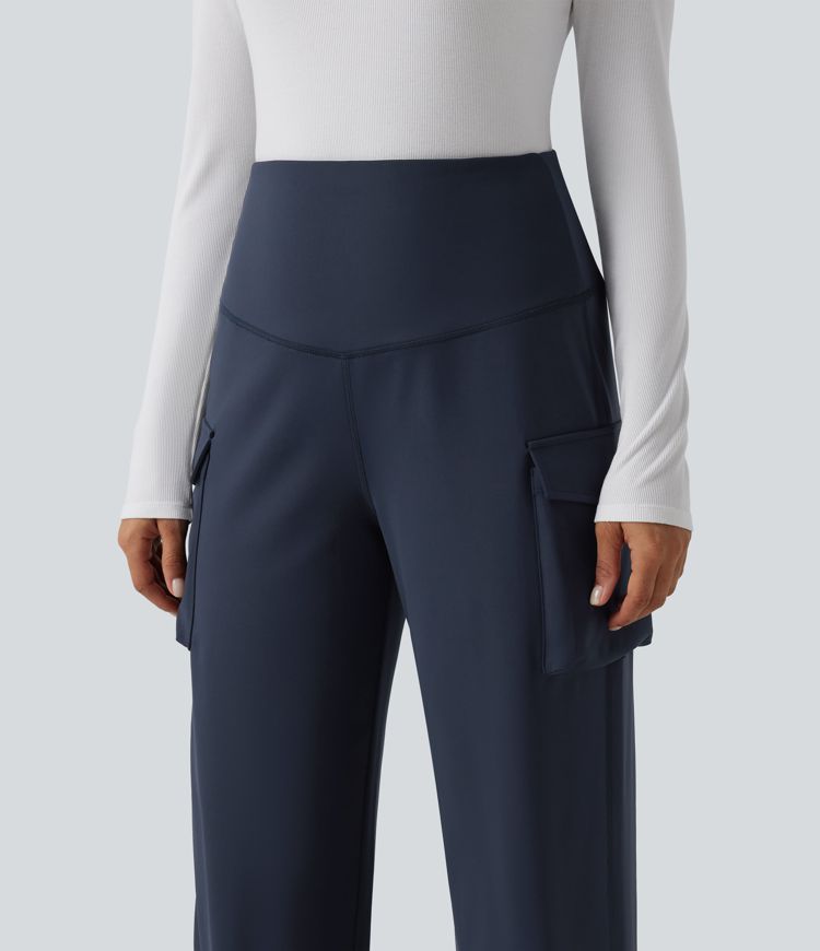 High Waisted Tummy Control Straight Leg Casual Cargo Pants with Pockets