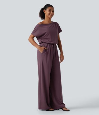 One Shoulder Drawstring Built-in Bra Casual Jumpsuit with Pockets-Easy Peezy Edition