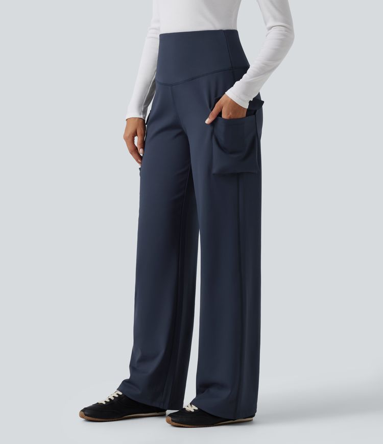High Waisted Tummy Control Straight Leg Casual Cargo Pants with Pockets