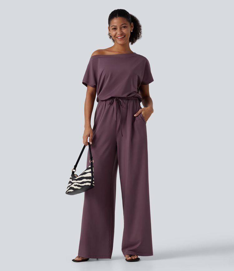One Shoulder Drawstring Built-in Bra Casual Jumpsuit with Pockets-Easy Peezy Edition