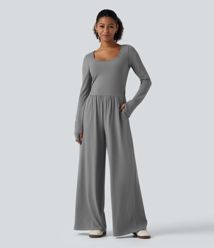 U Neck Long Sleeve Thumb Hole Wide Leg Ruched Casual Jumpsuit with Built-in Bra and Pockets -Easy Peezy Edition