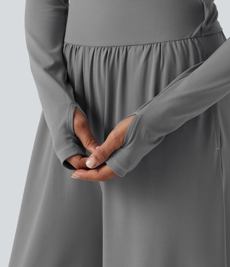 U Neck Long Sleeve Thumb Hole Wide Leg Ruched Casual Jumpsuit with Built-in Bra and Pockets -Easy Peezy Edition