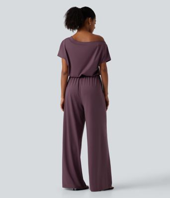 One Shoulder Drawstring Built-in Bra Casual Jumpsuit with Pockets-Easy Peezy Edition