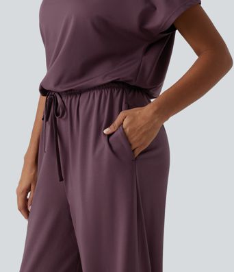 One Shoulder Drawstring Built-in Bra Casual Jumpsuit with Pockets-Easy Peezy Edition