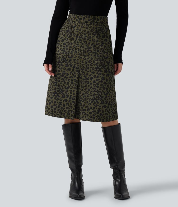 High Waisted Leopard Print Corduroy Casual Midi Skirt with Pockets