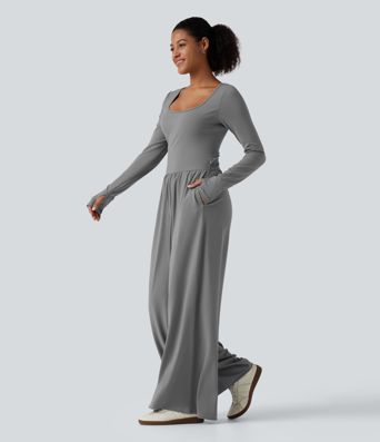 U Neck Long Sleeve Thumb Hole Wide Leg Ruched Casual Jumpsuit with Built-in Bra and Pockets -Easy Peezy Edition