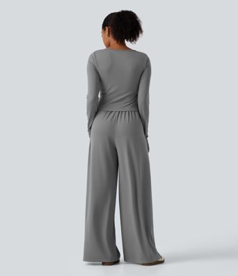 U Neck Long Sleeve Thumb Hole Wide Leg Ruched Casual Jumpsuit with Built-in Bra and Pockets -Easy Peezy Edition