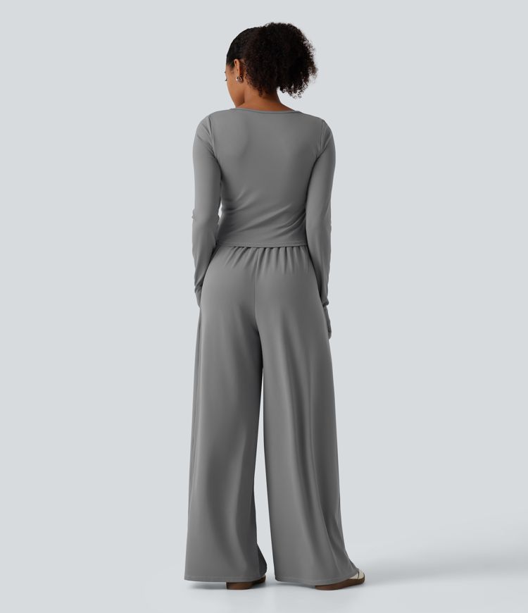 U Neck Long Sleeve Thumb Hole Wide Leg Ruched Casual Jumpsuit with Built-in Bra and Pockets -Easy Peezy Edition