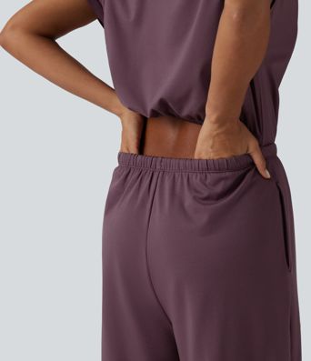 One Shoulder Drawstring Built-in Bra Casual Jumpsuit with Pockets-Easy Peezy Edition