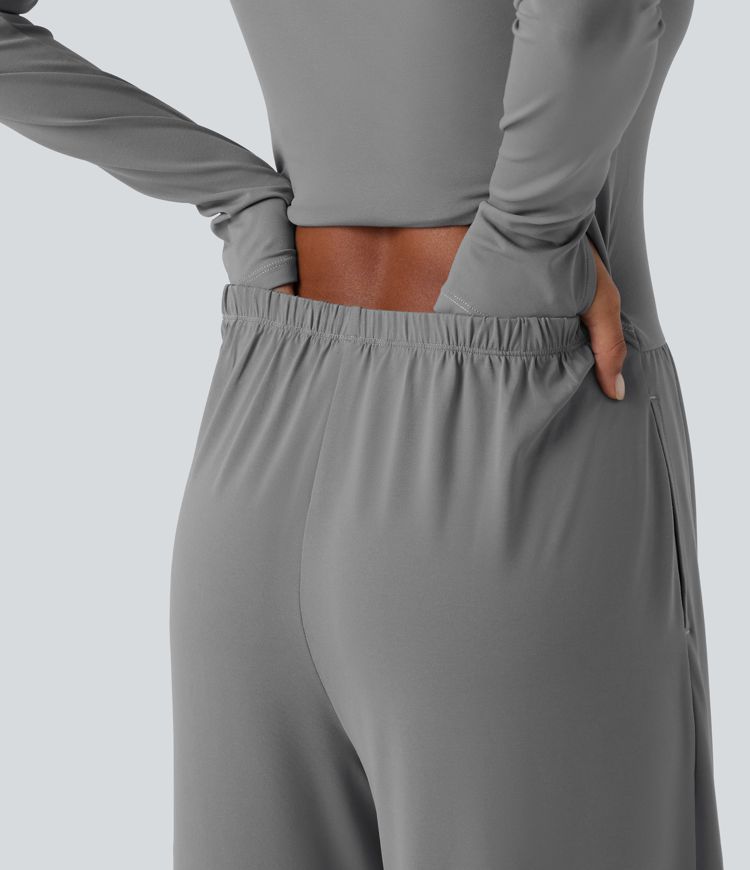 U Neck Long Sleeve Thumb Hole Wide Leg Ruched Casual Jumpsuit with Built-in Bra and Pockets -Easy Peezy Edition