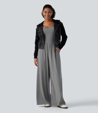 U Neck Long Sleeve Thumb Hole Wide Leg Ruched Casual Jumpsuit with Built-in Bra and Pockets -Easy Peezy Edition