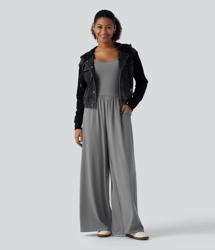 U Neck Long Sleeve Thumb Hole Wide Leg Ruched Casual Jumpsuit with Built-in Bra and Pockets -Easy Peezy Edition