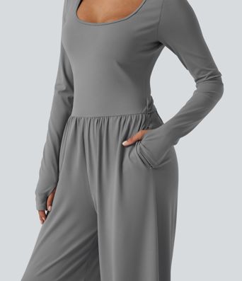 U Neck Long Sleeve Thumb Hole Wide Leg Ruched Casual Jumpsuit with Built-in Bra and Pockets -Easy Peezy Edition