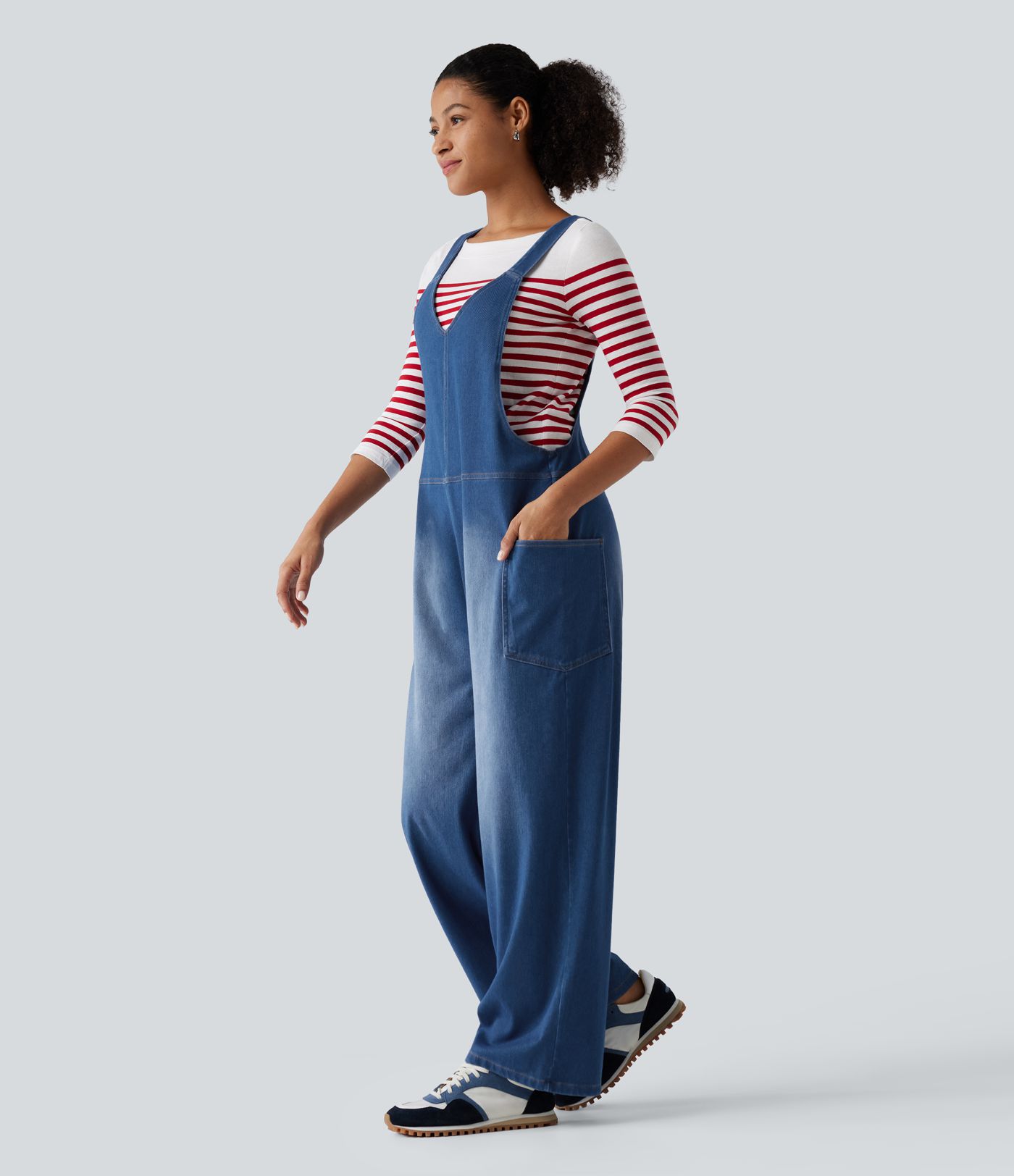 Halara Flex™ V Neck Wide Leg Denim Casual Overalls with Pockets Halara Flex™ V Neck Wide Leg Denim Casual Overalls with Pockets