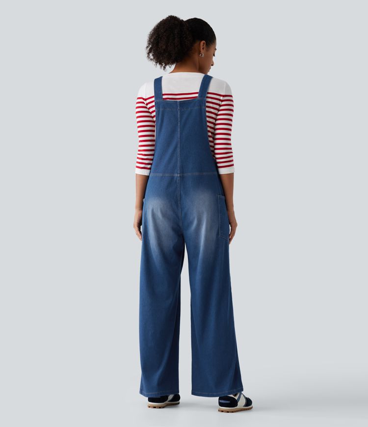 Halara Flex™ V Neck Wide Leg Denim Casual Overalls with Pockets Halara Flex™ V Neck Wide Leg Denim Casual Overalls with Pockets